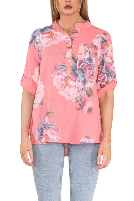 Ladies Rose Flower Print Grandad Shirt Coral
