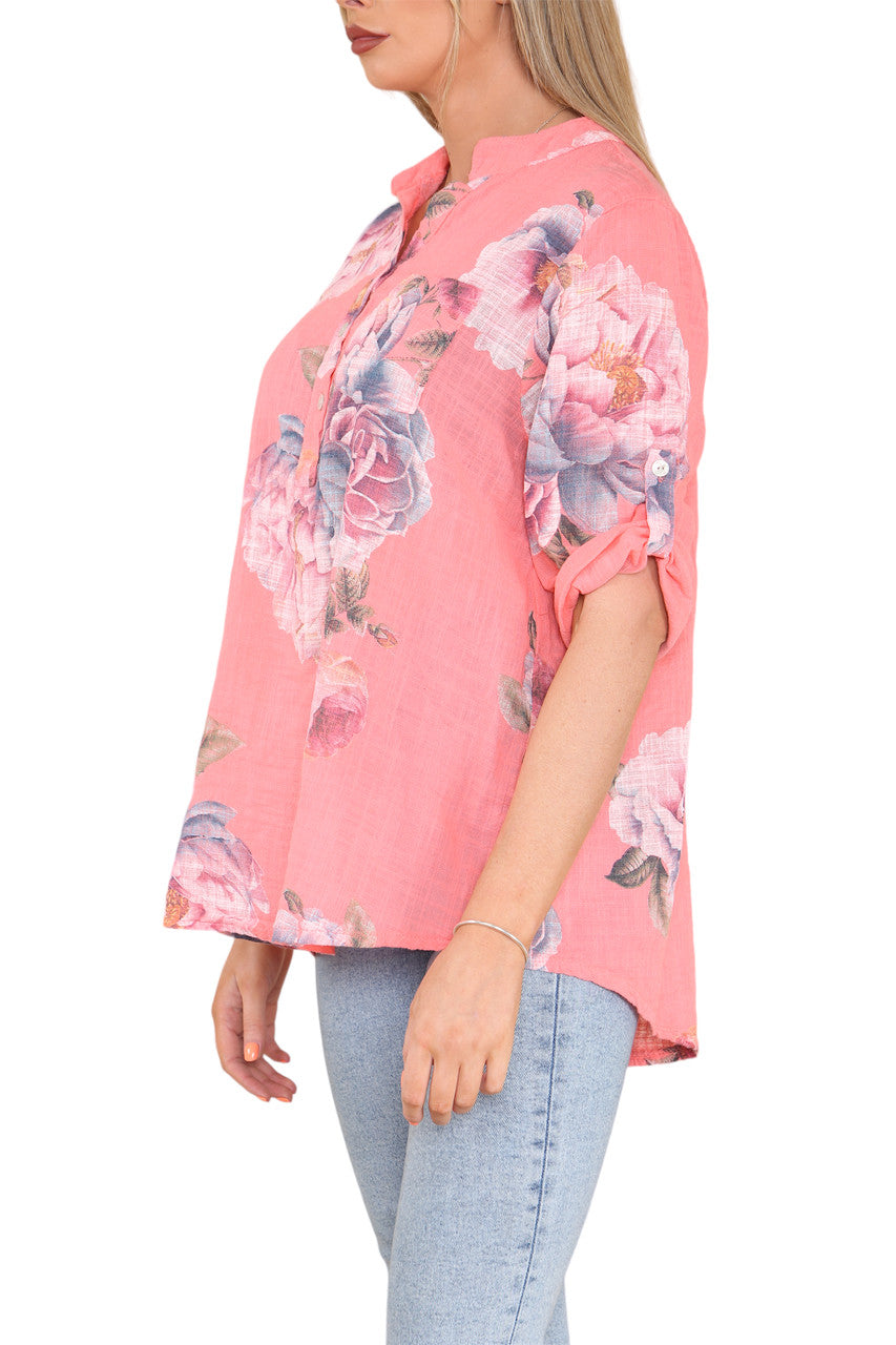 Ladies Rose Flower Print Grandad Shirt Coral