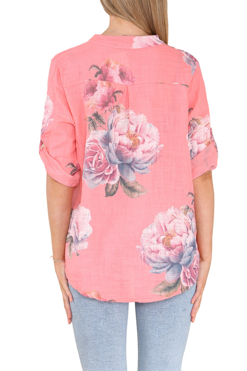 Ladies Rose Flower Print Grandad Shirt Coral