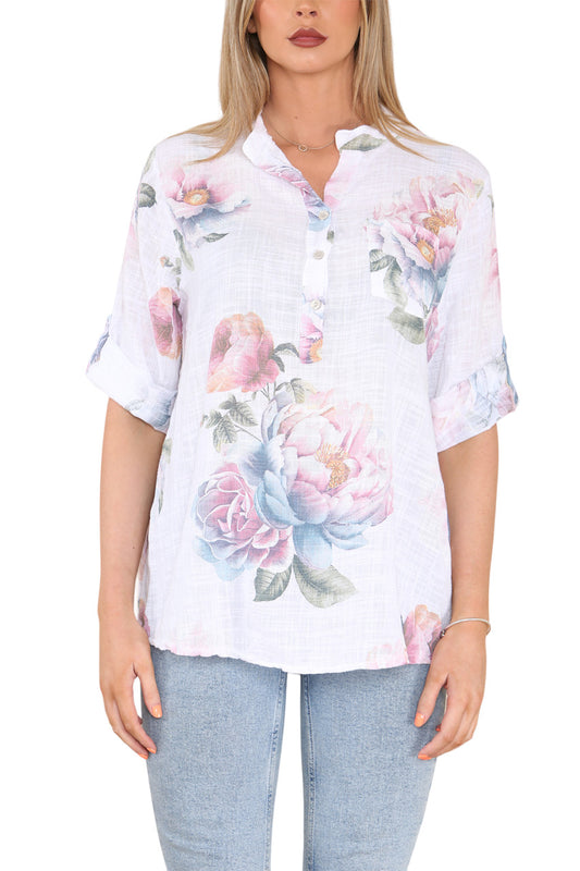 ROSE FLOWER PRINT GRANDAD SHIRT TOP WHITE