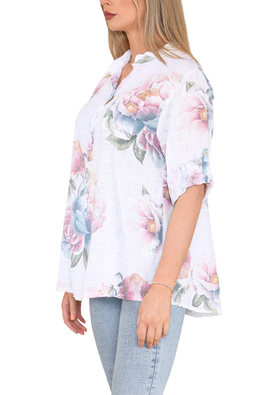 ROOSBLOEMPRINT GRANDAD SHIRT TOP WIT