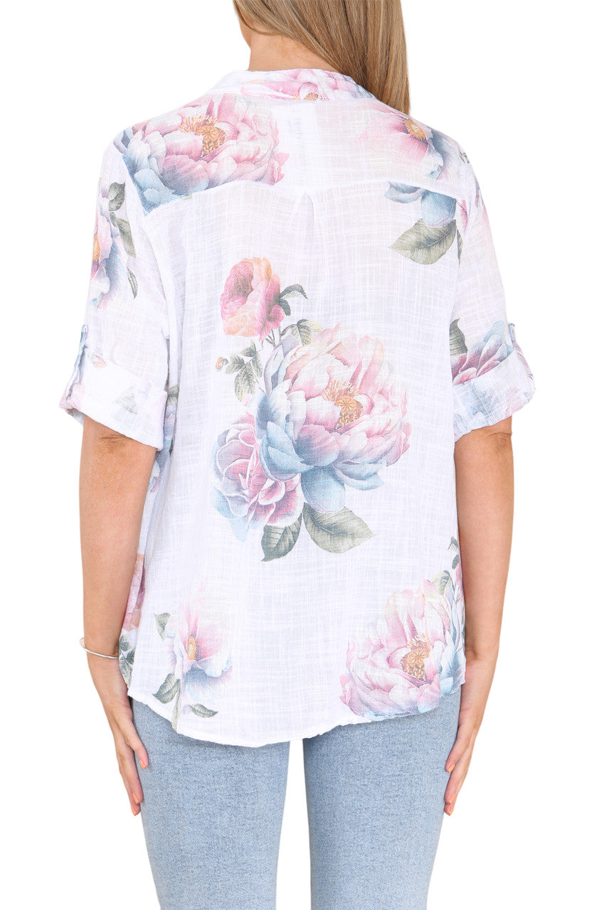 ROOSBLOEMPRINT GRANDAD SHIRT TOP WIT