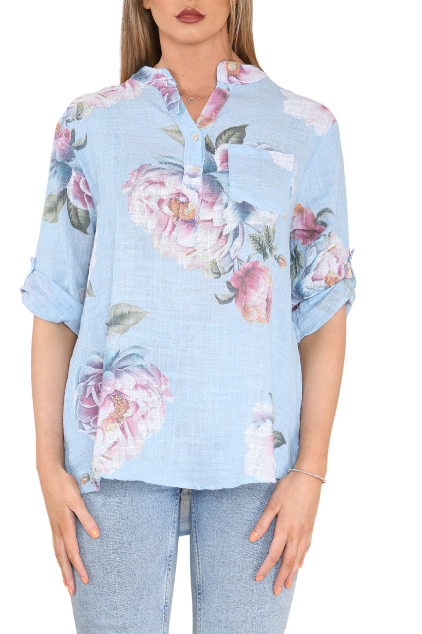 ROZENPRINT GRANDAD SHIRT TOP LICHTBLAUW