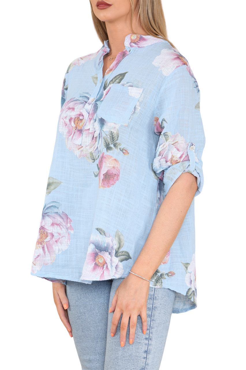 ROZENPRINT GRANDAD SHIRT TOP LICHTBLAUW