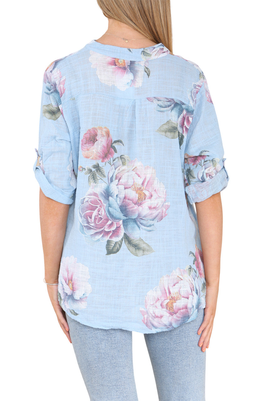 ROZENPRINT GRANDAD SHIRT TOP LICHTBLAUW