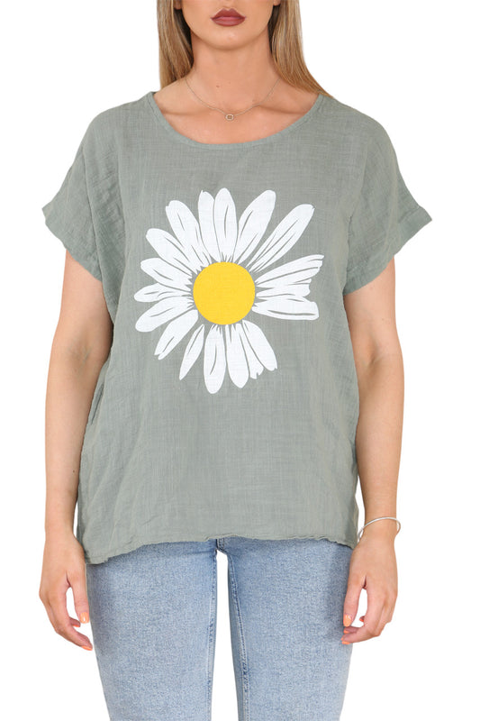 DAISY FLOWER GRAPHIC TOP KHAKI