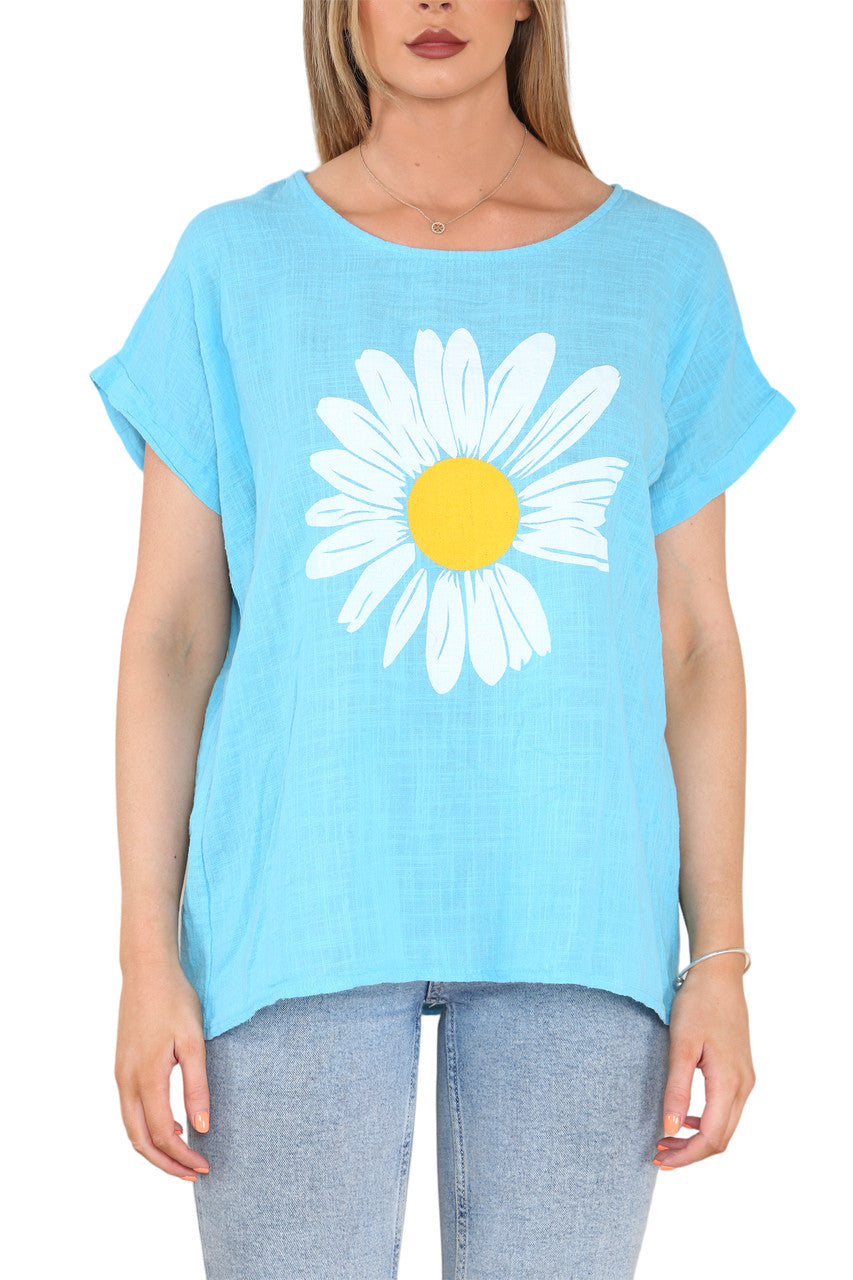 DAISY FLOWER GRAPHIC TOP TURQUOISE