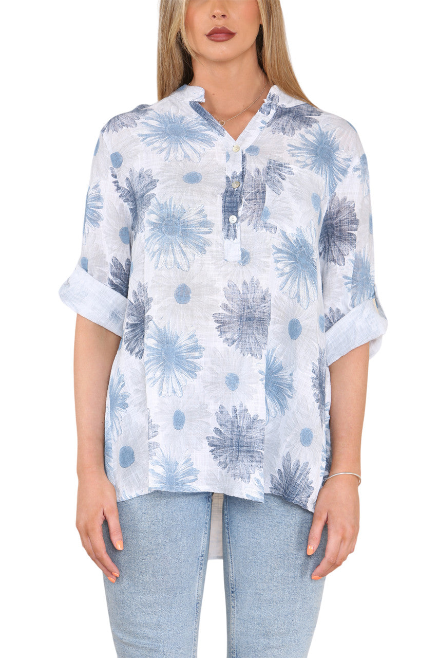 SUNFLOWER PRINT GRANDAD SHIRT WHITE