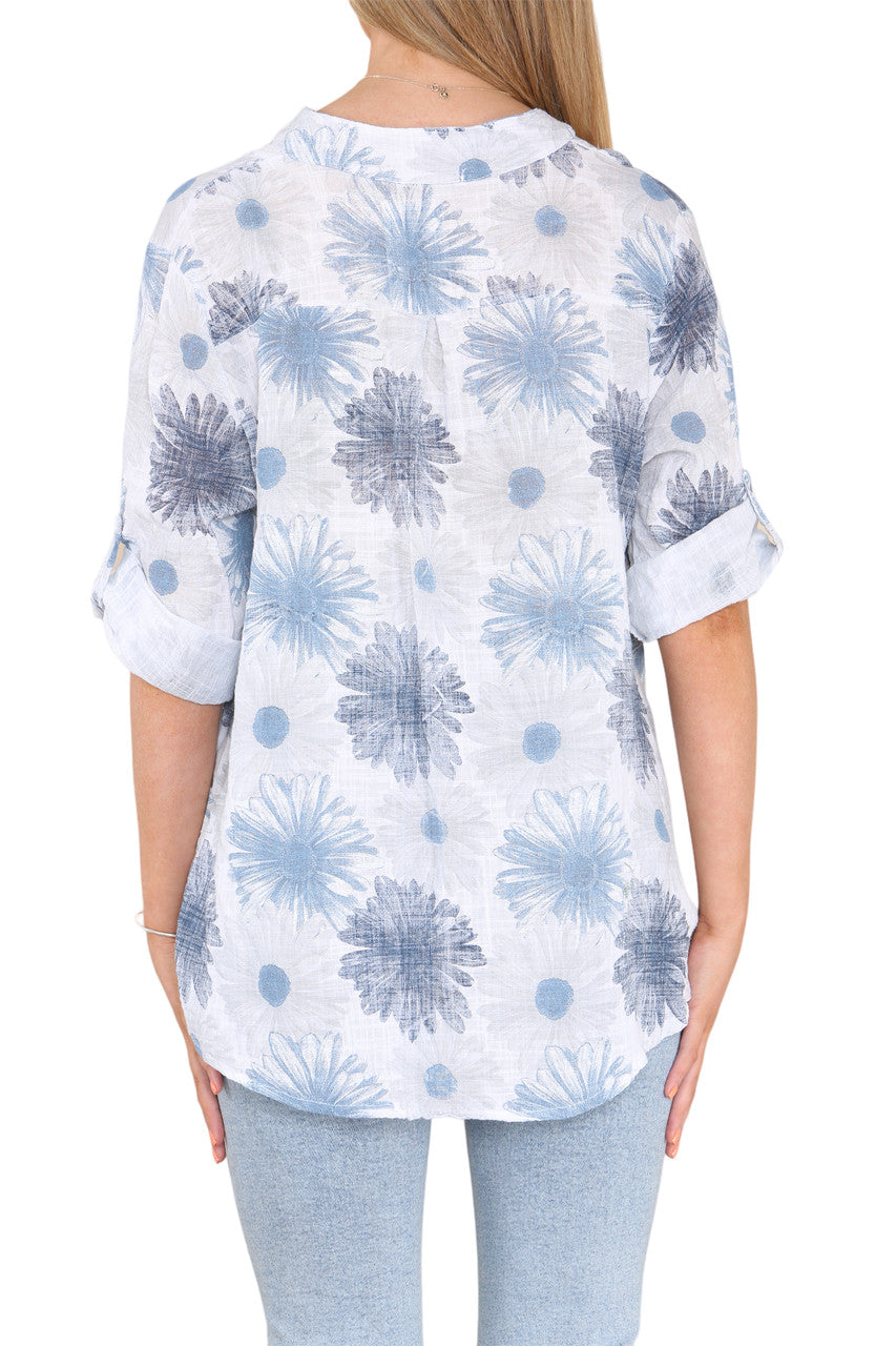 SUNFLOWER PRINT GRANDAD SHIRT WHITE