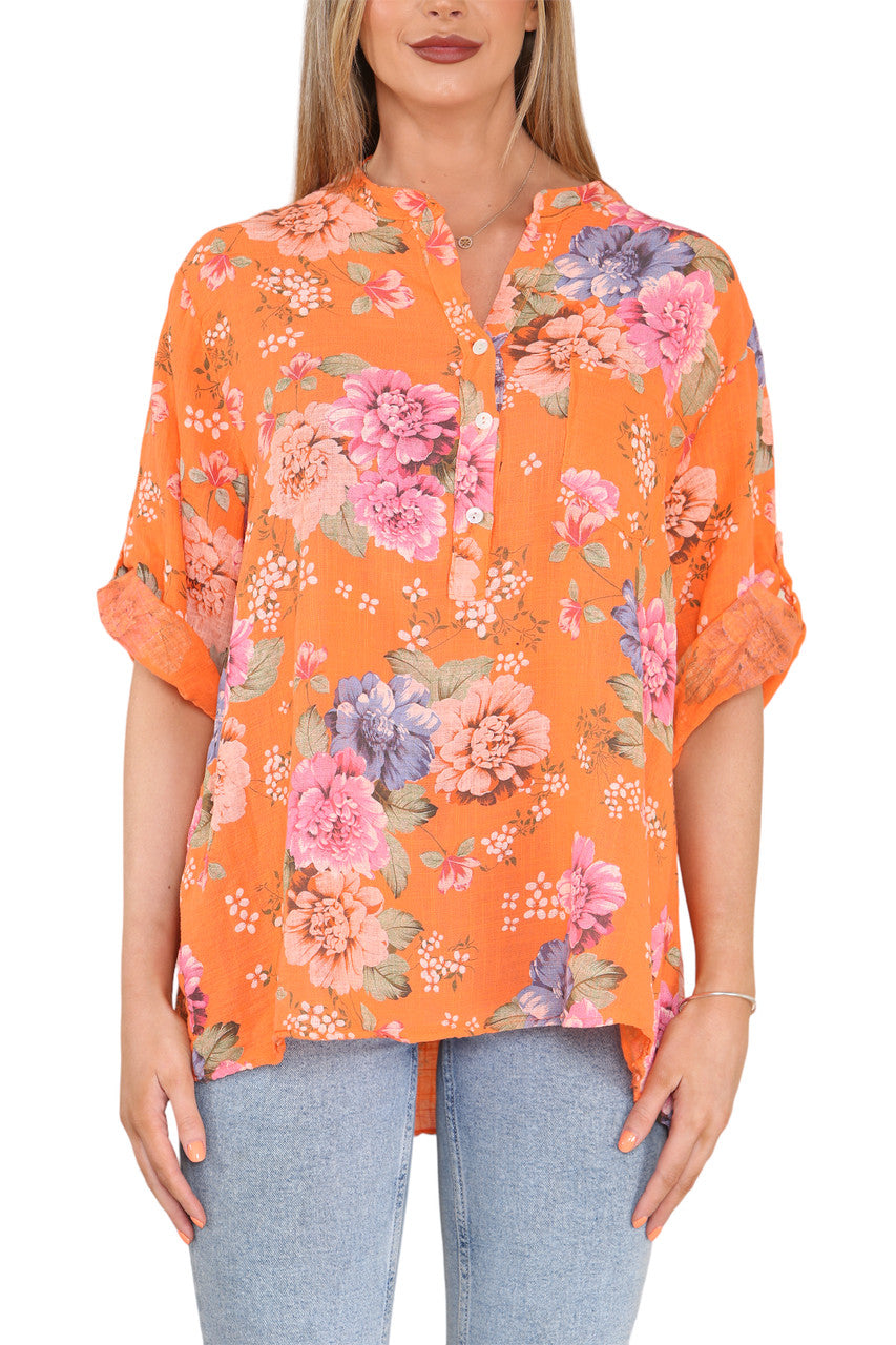 FLORAL PEONY PRINT GRANDAD SHIRT ORANGE