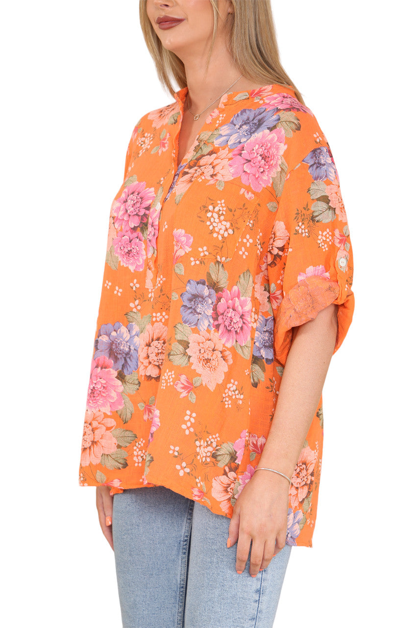 FLORAL PEONY PRINT GRANDAD SHIRT ORANGE