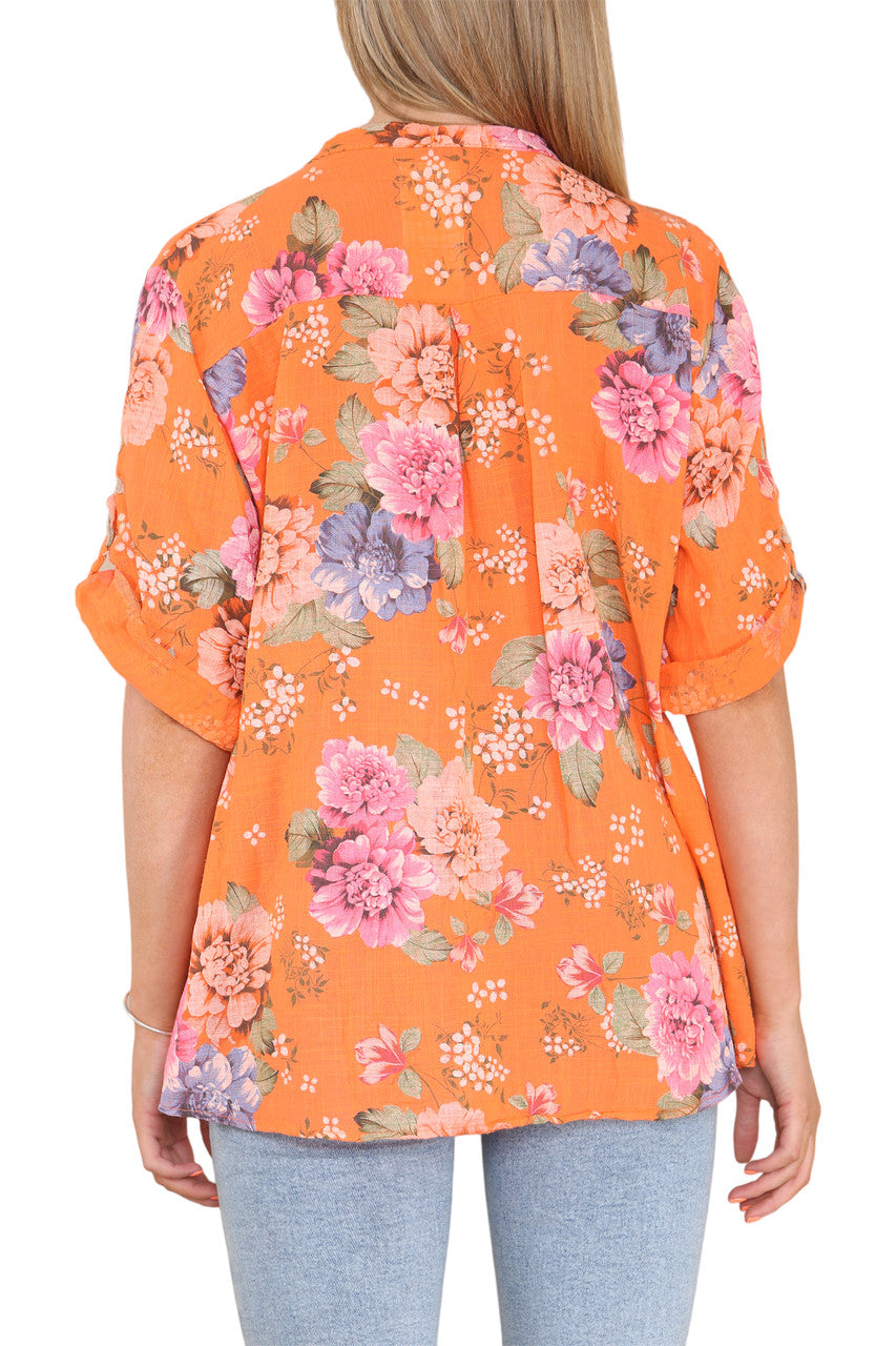 FLORAL PEONY PRINT GRANDAD SHIRT ORANGE