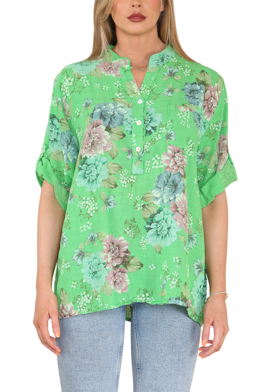 FLORAL PEONY PRINT GRANDAD SHIRT GREEN
