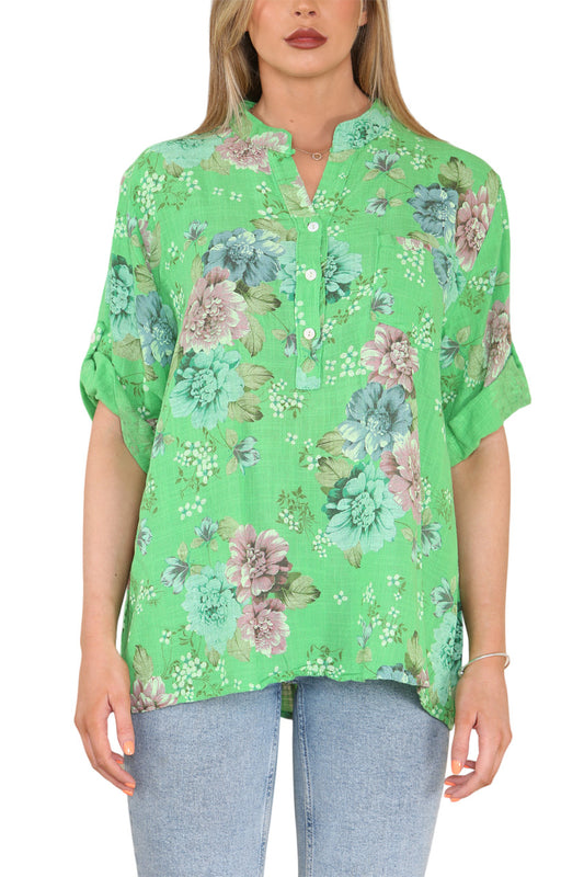 FLORAL PEONY PRINT GRANDAD SHIRT GREEN