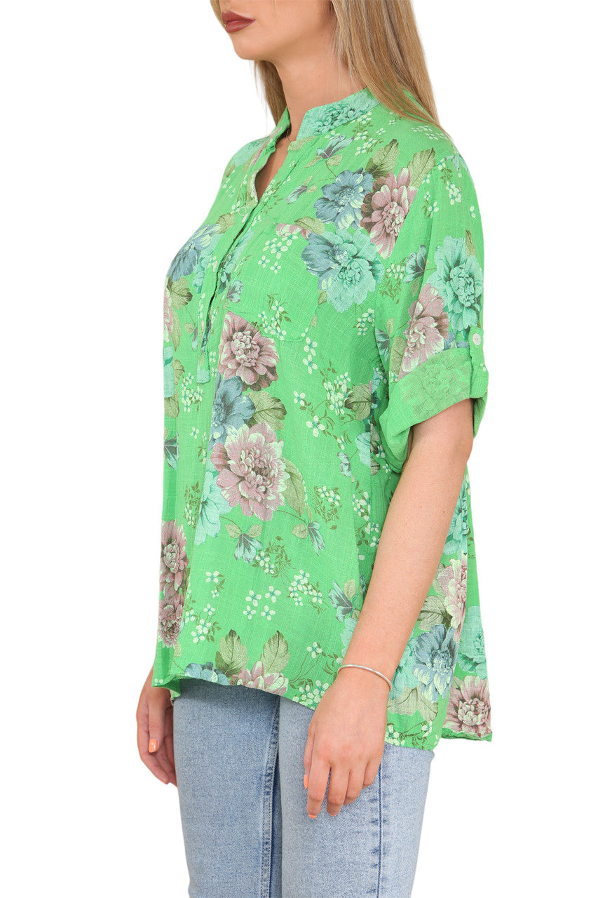 FLORAL PEONY PRINT GRANDAD SHIRT GREEN