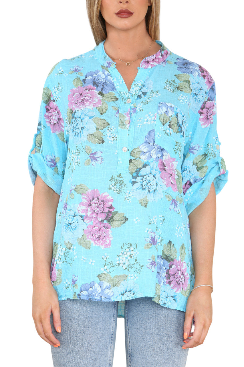 FLORAL PEONY PRINT GRANDAD SHIRT TURQUOISE