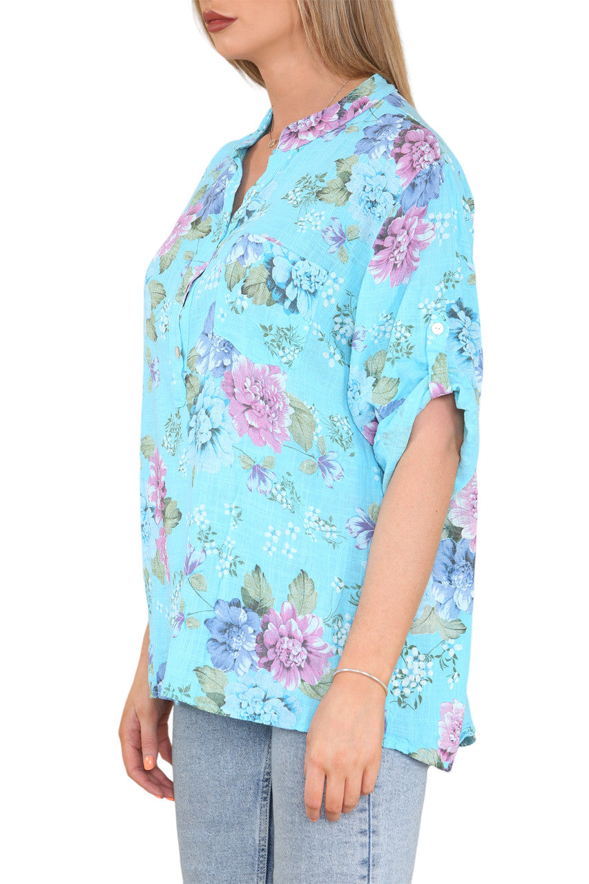 FLORAL PEONY PRINT GRANDAD SHIRT TURQUOISE
