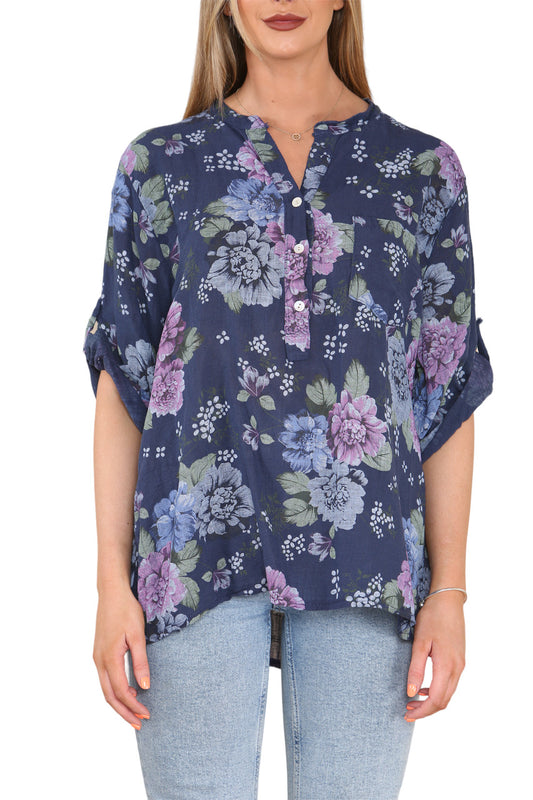FLORAL PEONY PRINT GRANDAD SHIRT NAVY