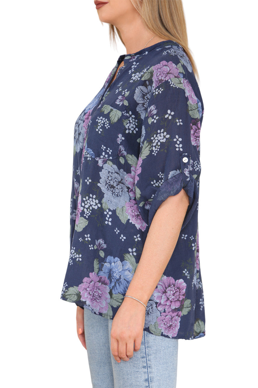 FLORAL PEONY PRINT GRANDAD SHIRT NAVY