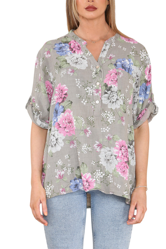 FLORAL PEONY PRINT GRANDAD SHIRT TAUPE