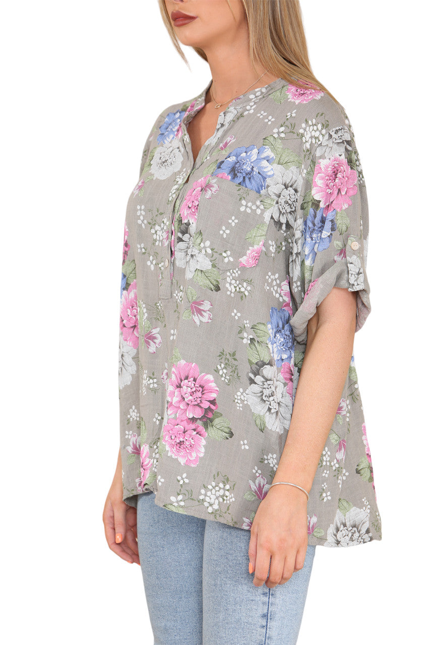 FLORAL PEONY PRINT GRANDAD SHIRT TAUPE