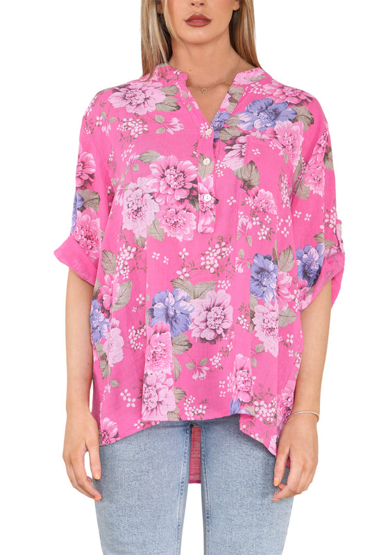 FLORAL PEONY PRINT GRANDAD SHIRT CERISE