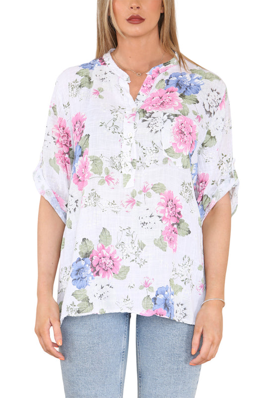 FLORAL PEONY PRINT GRANDAD SHIRT WHITE