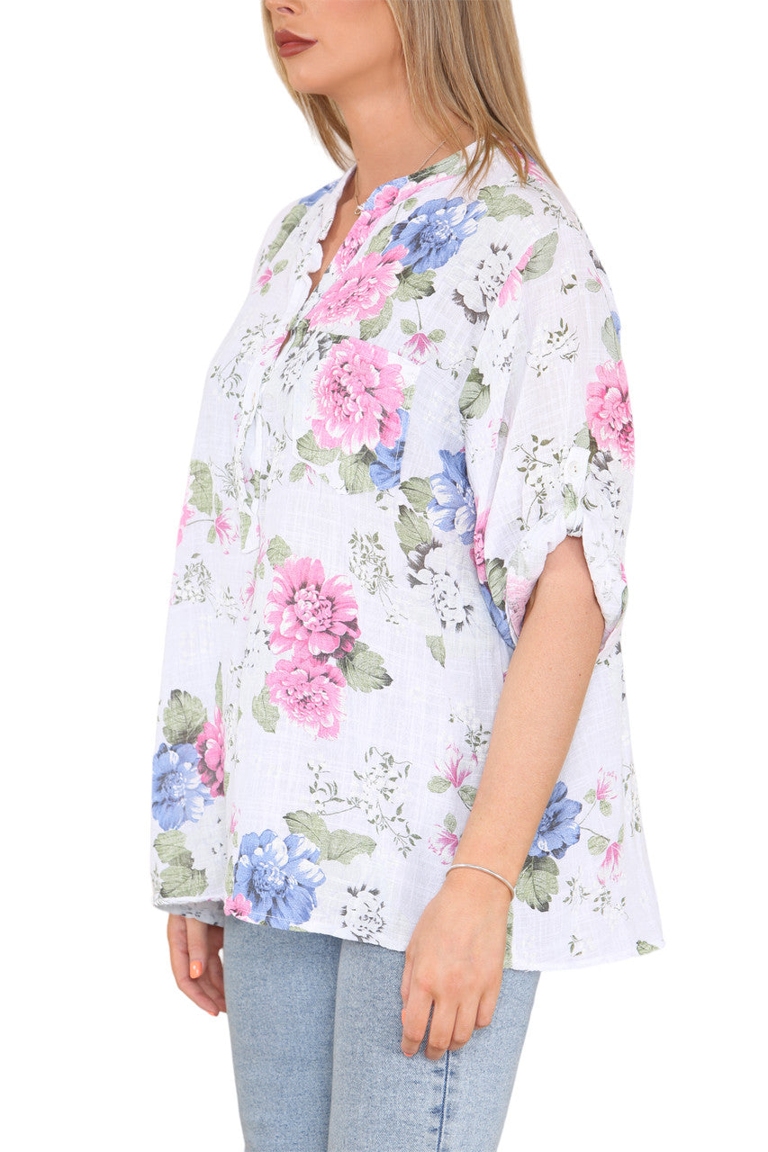 WIT GRANDAD SHIRT MET BLOEMENPRINT VAN PIOENROZEN