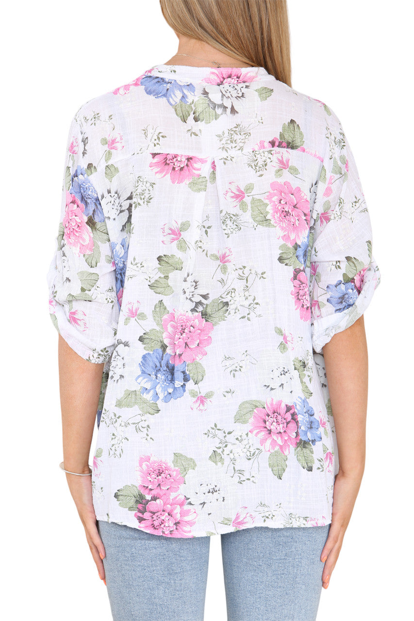 WIT GRANDAD SHIRT MET BLOEMENPRINT VAN PIOENROZEN