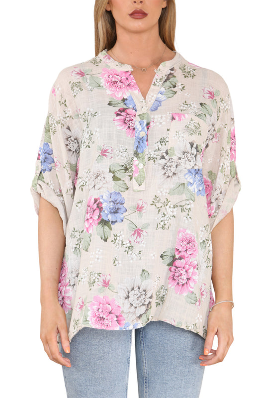 FLORAL PEONY PRINT GRANDAD SHIRT STONE