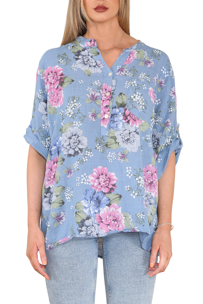 FLORAL PEONY PRINT GRANDAD SHIRT DENIM