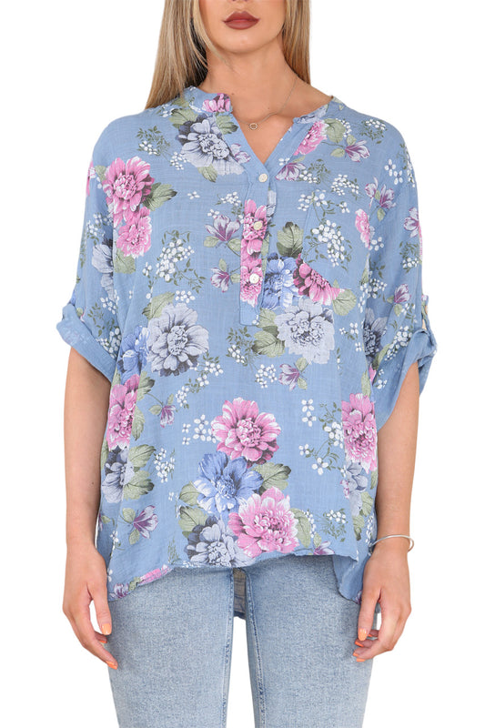 FLORAL PEONY PRINT GRANDAD SHIRT DENIM