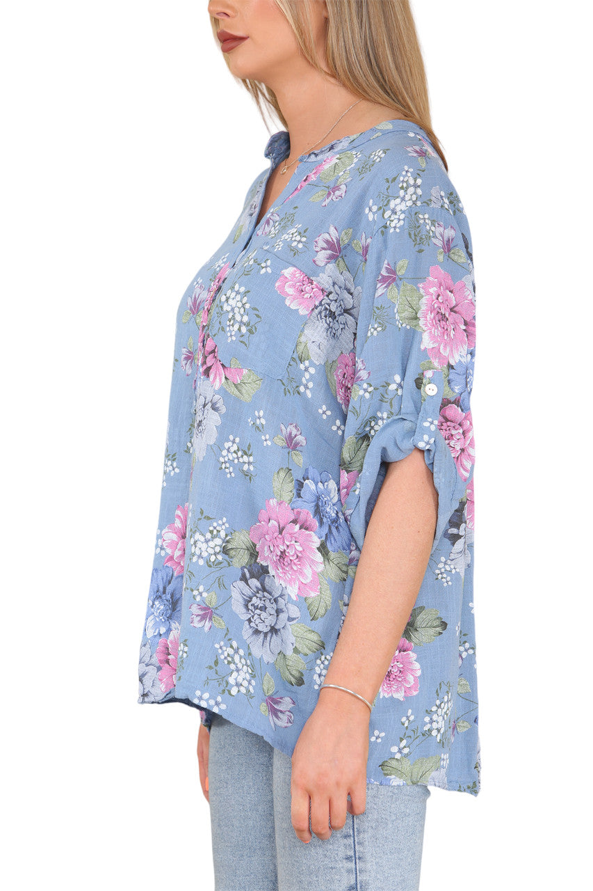 FLORAL PEONY PRINT GRANDAD SHIRT DENIM