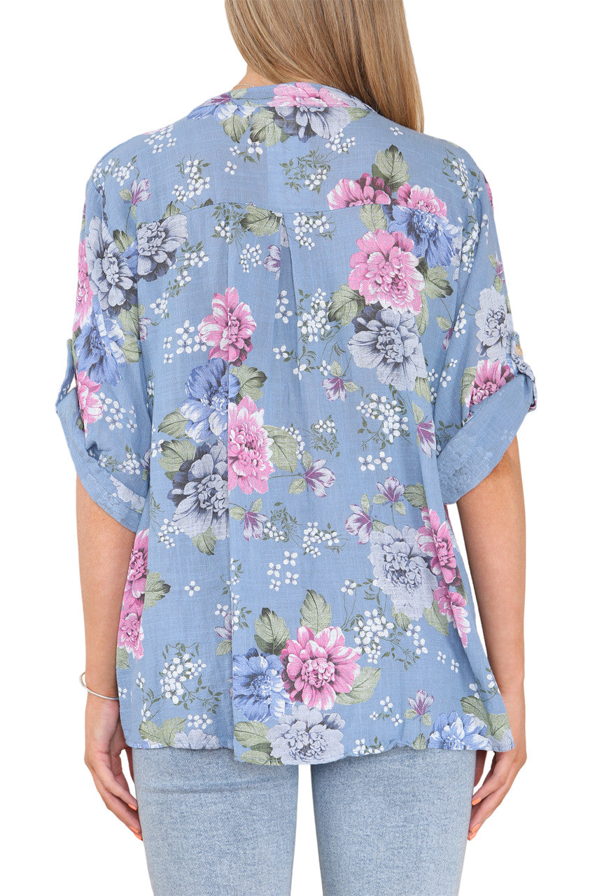 FLORAL PEONY PRINT GRANDAD SHIRT DENIM