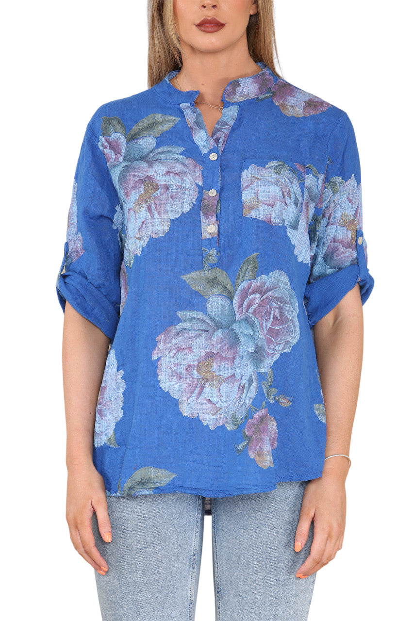 Ladies Rose Flower Print Grandad Shirt Royal Blue
