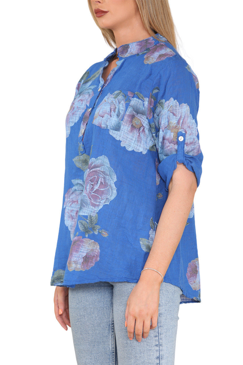 Ladies Rose Flower Print Grandad Shirt Royal Blue