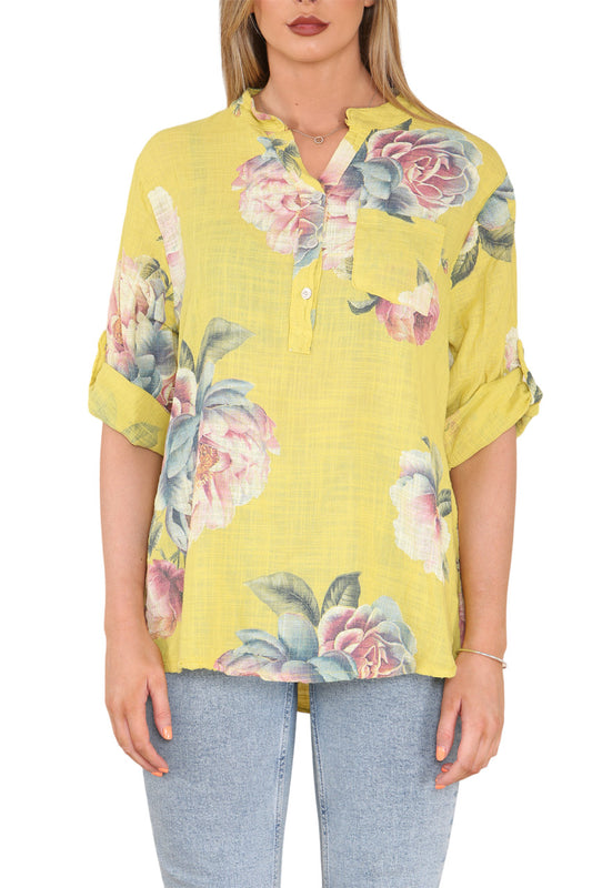 Ladies Rose Flower Print Grandad Shirt Lemon