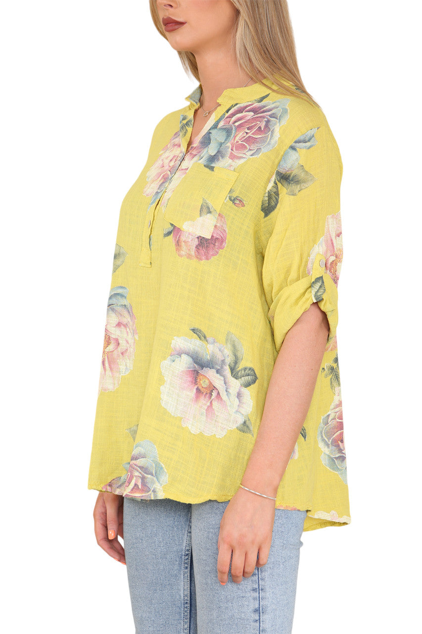 Ladies Rose Flower Print Grandad Shirt Lemon