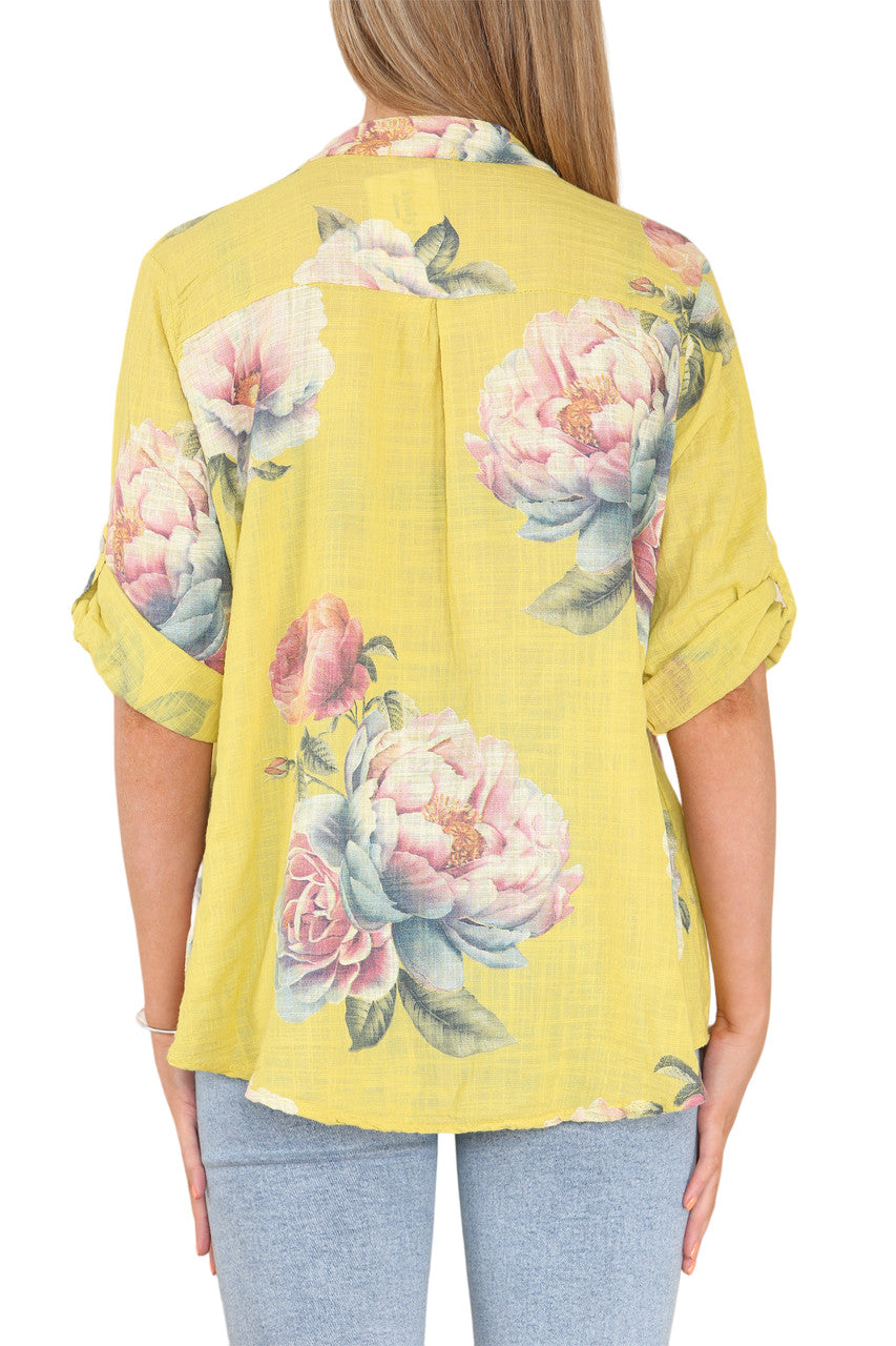 Ladies Rose Flower Print Grandad Shirt Lemon