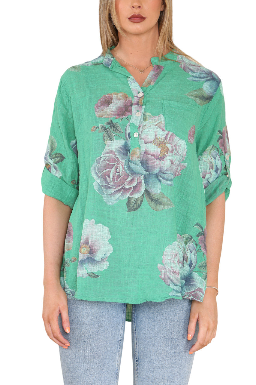 ROZE BLOEMENPRINT GRANDADOVERHEMD BOVENSTUK GROEN