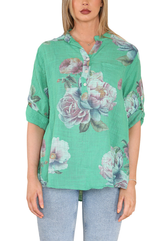 ROSE FLOWER PRINT GRANDAD SHIRT TOP GREEN