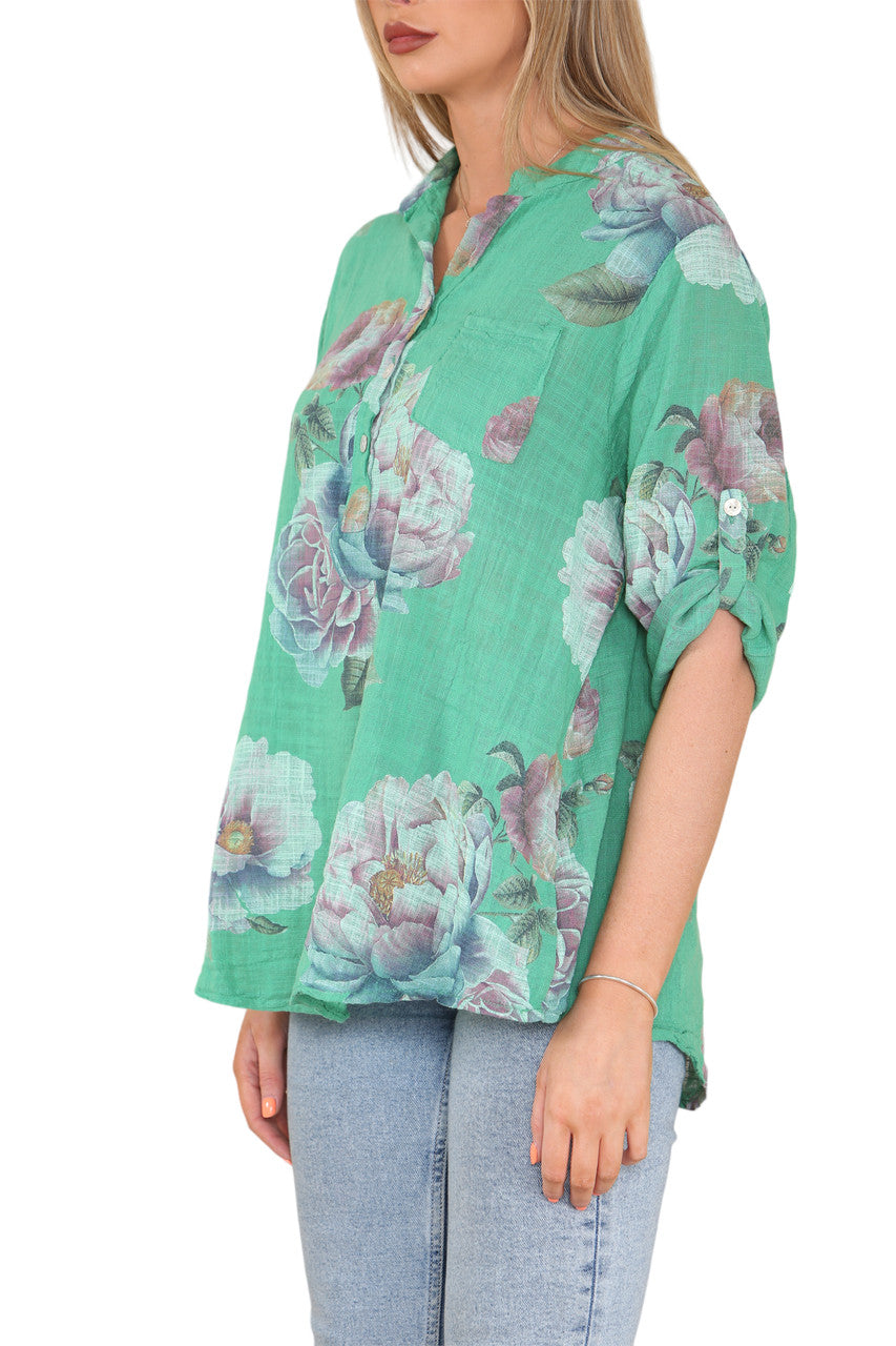 ROZE BLOEMENPRINT GRANDADOVERHEMD BOVENSTUK GROEN