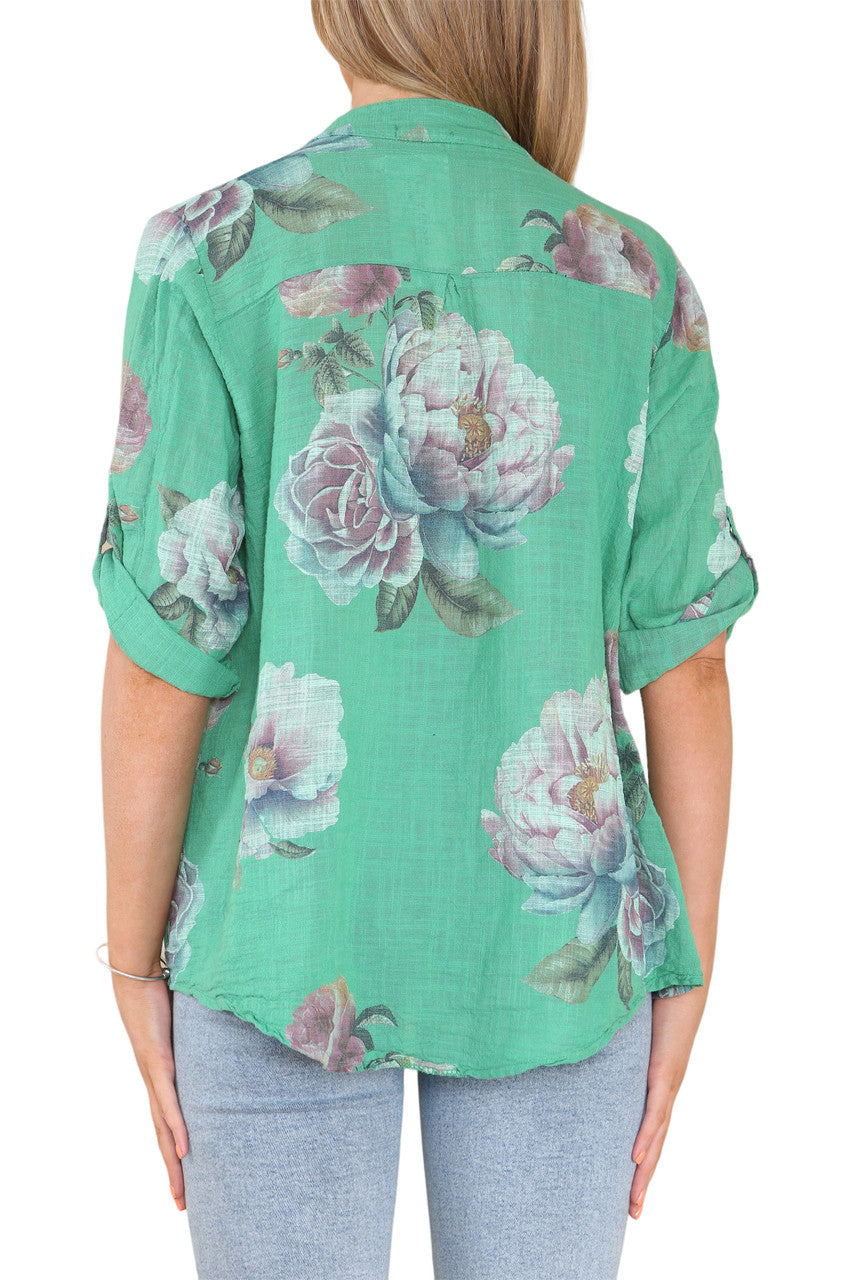 ROZE BLOEMENPRINT GRANDADOVERHEMD BOVENSTUK GROEN