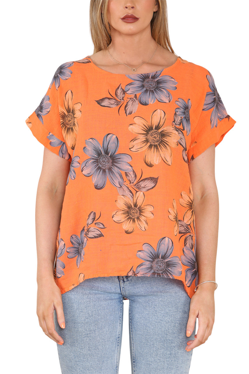 Ladies Daisy Print Top Orange