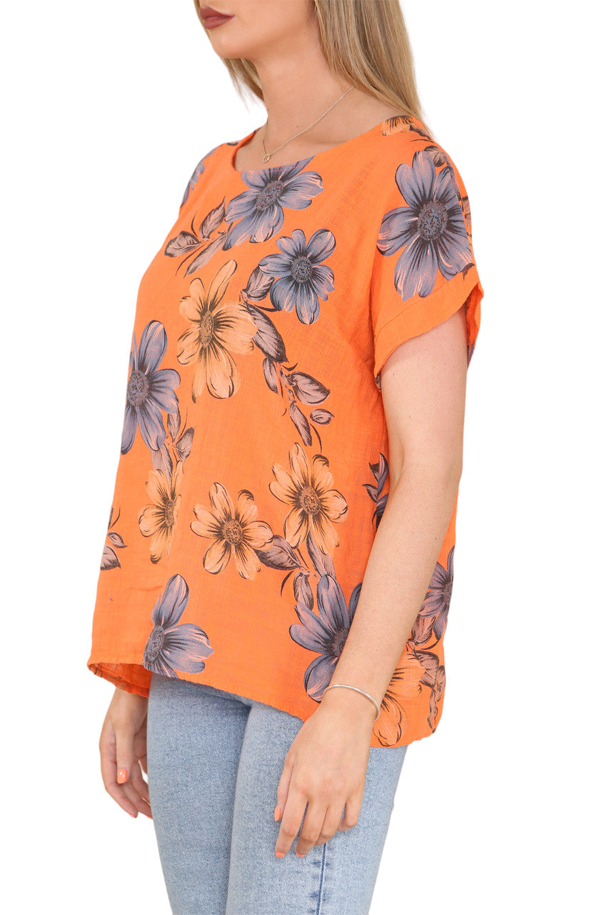 Ladies Daisy Print Top Orange
