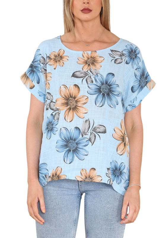 Ladies Daisy Print Top Sky Blue
