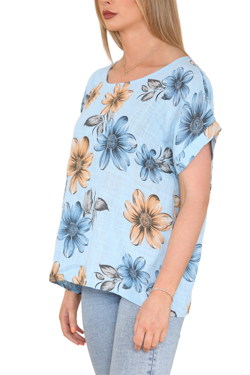 Ladies Daisy Print Top Sky Blue