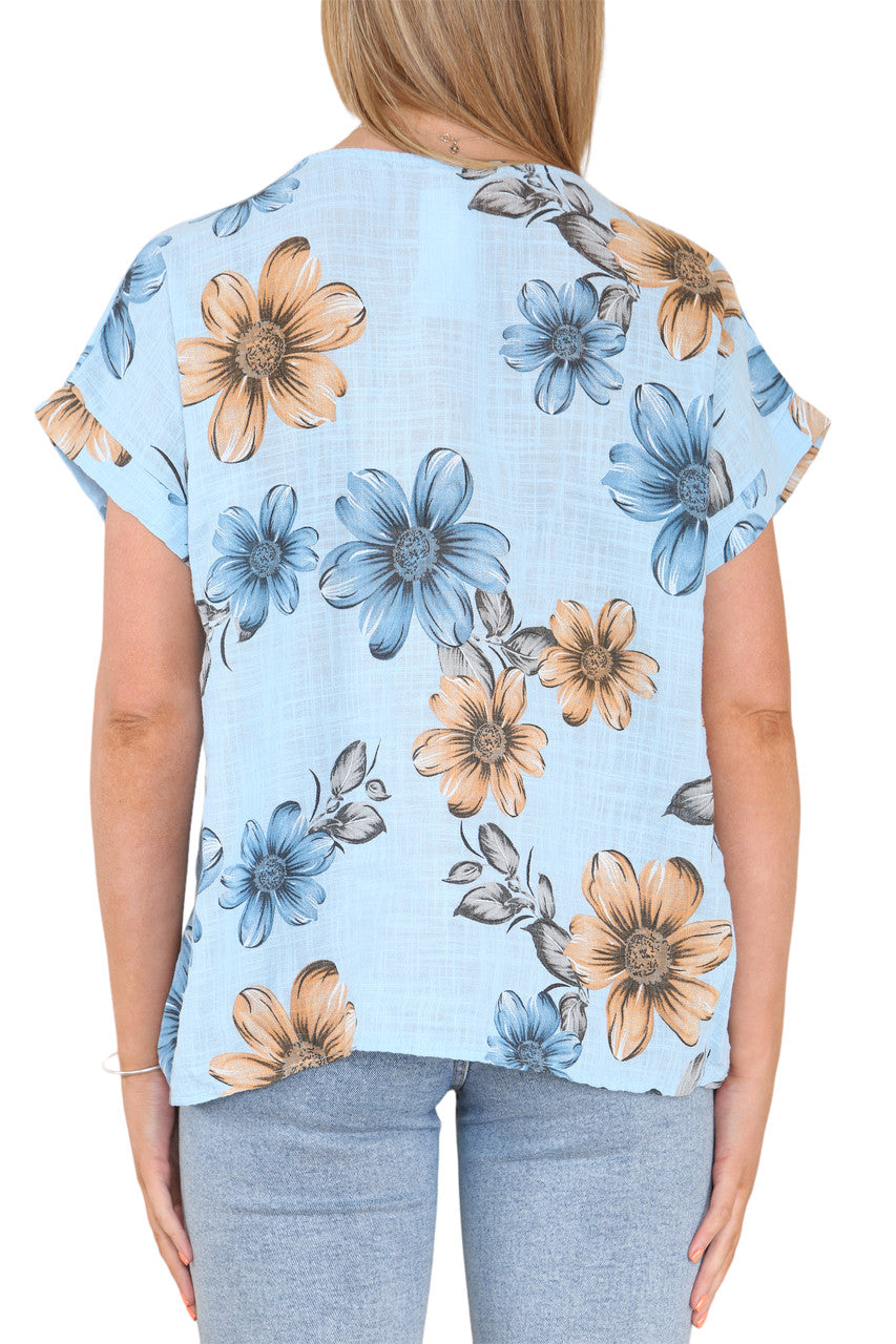 Ladies Daisy Print Top Sky Blue