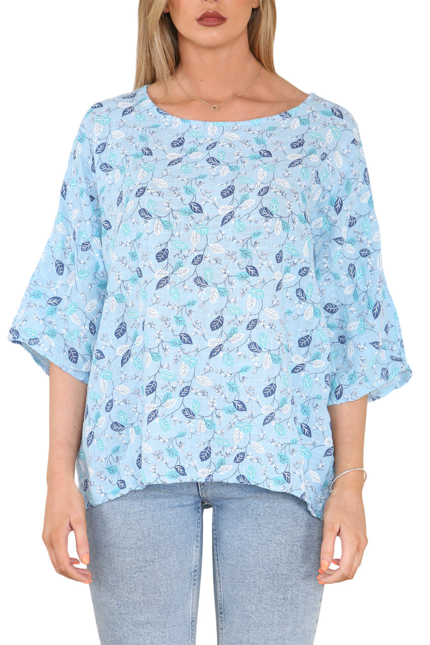 Ladies Ditsy Leaves Print Top Light Blue