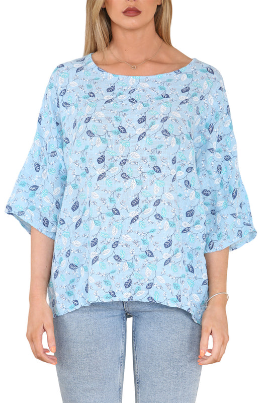Ladies Ditsy Leaves Print Top Light Blue